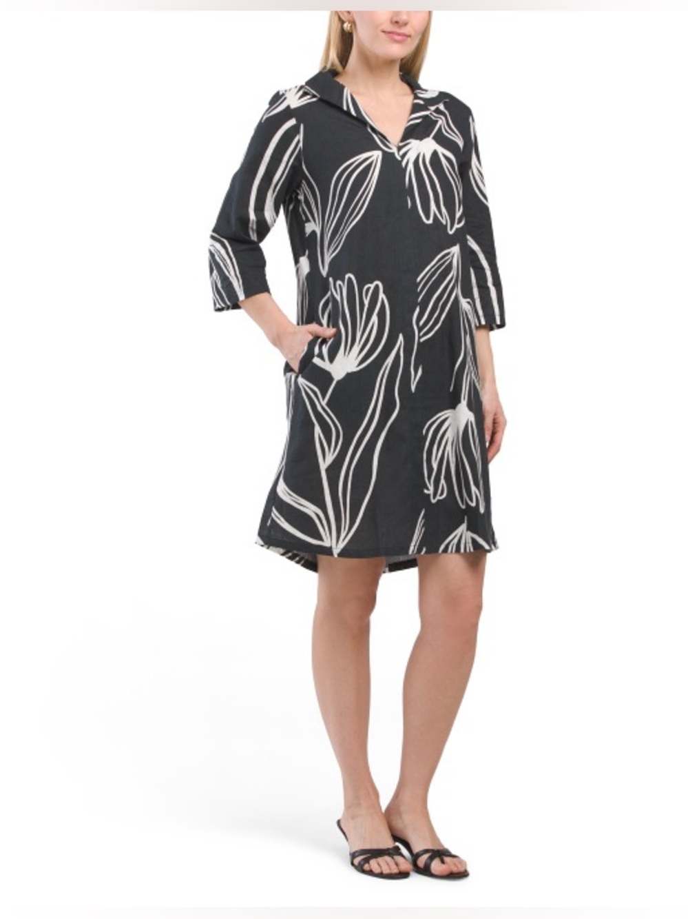 NEW Terzo Millennio Linen Blend Shirt Dress Black White  Floral Women Large